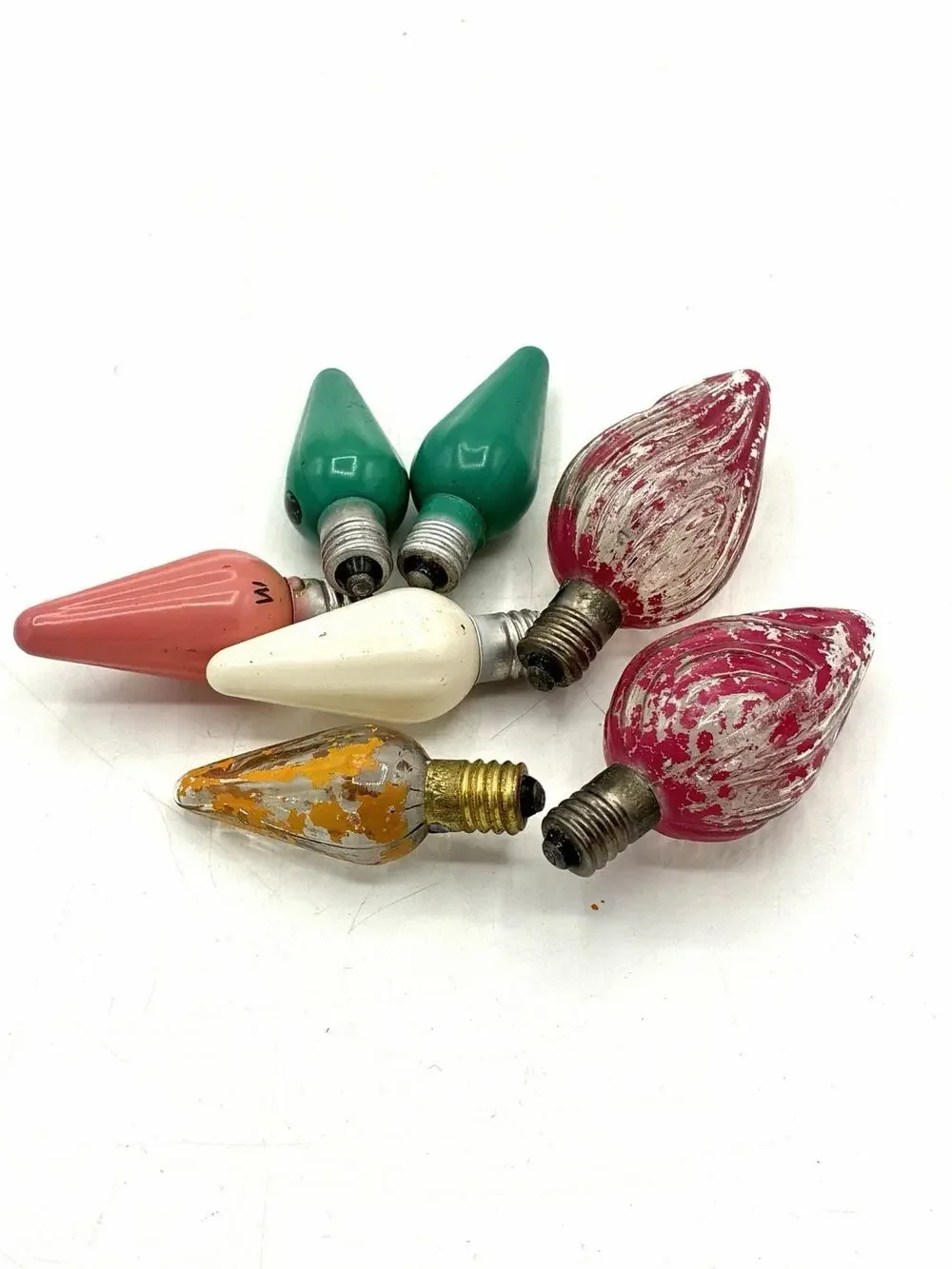 Lot 7 Vintage Christmas Bulbs Japan Crackle Finish C6 Green Pink White Amber